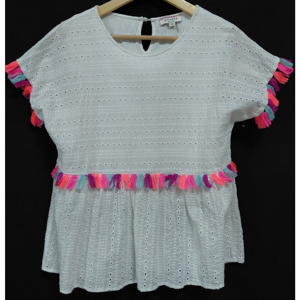 ANDREE BY UNIT White Eyelet Blouse with Pink, Purple & Teal Tassels